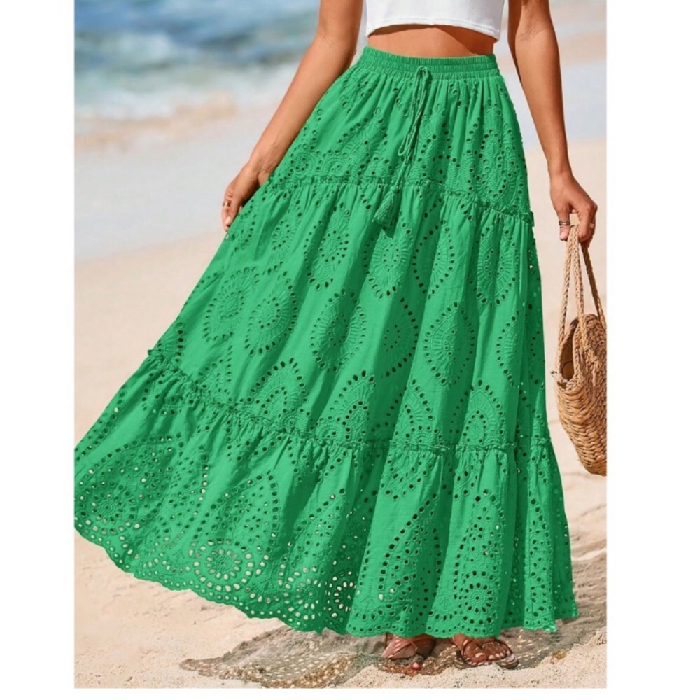 Boho Eyelet Lace stretchy waist Flowy Maxi Skirt
